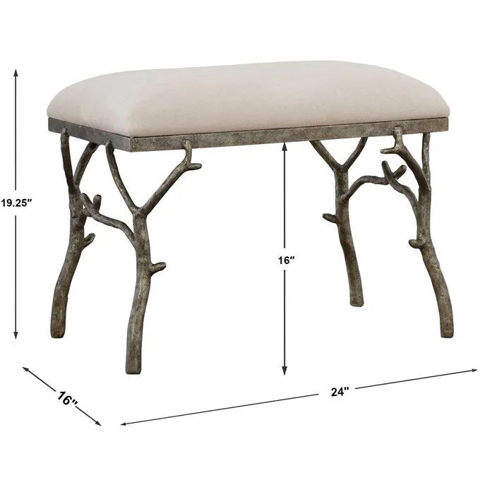 Uttermost Lismore White Fabric Cushion Seat Molded Branch Antique Silver Bench