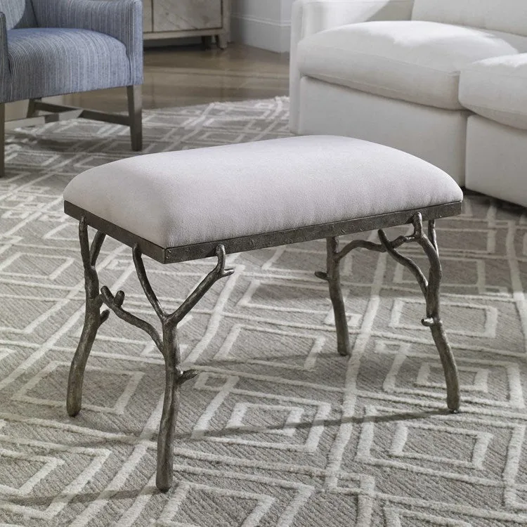 Uttermost Lismore White Fabric Cushion Seat Molded Branch Antique Silver Bench