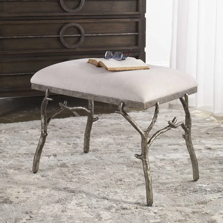 Uttermost Lismore White Fabric Cushion Seat Molded Branch Antique Silver Bench