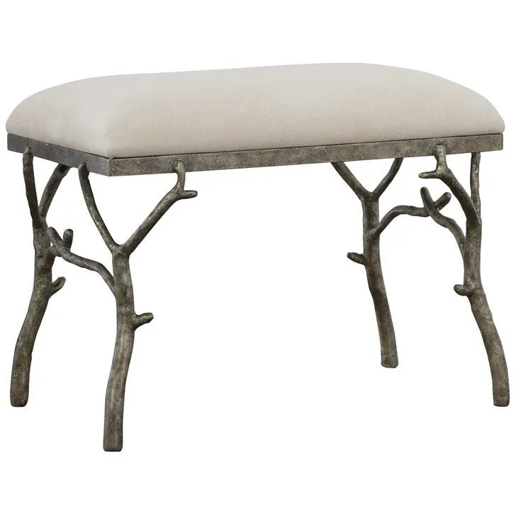 Uttermost Lismore White Fabric Cushion Seat Molded Branch Antique Silver Bench