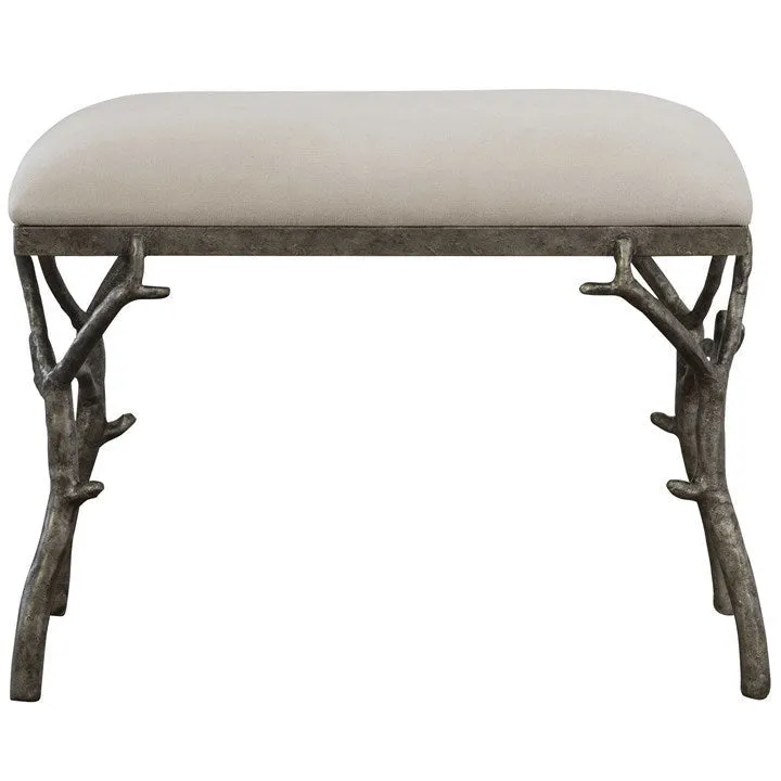 Uttermost Lismore White Fabric Cushion Seat Molded Branch Antique Silver Bench