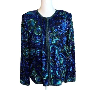Vintage Laurence Kazar Blue Sequin Beaded Wedding Party Cocktail Jacket L