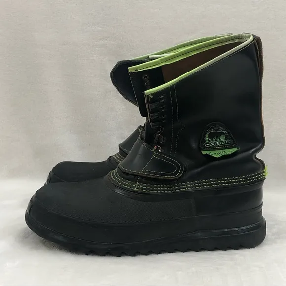Vintage Sorel Pro Flex I Scott Downey Black Neon Green Rubber Snow Boots Men 12