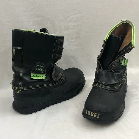 Vintage Sorel Pro Flex I Scott Downey Black Neon Green Rubber Snow Boots Men 12