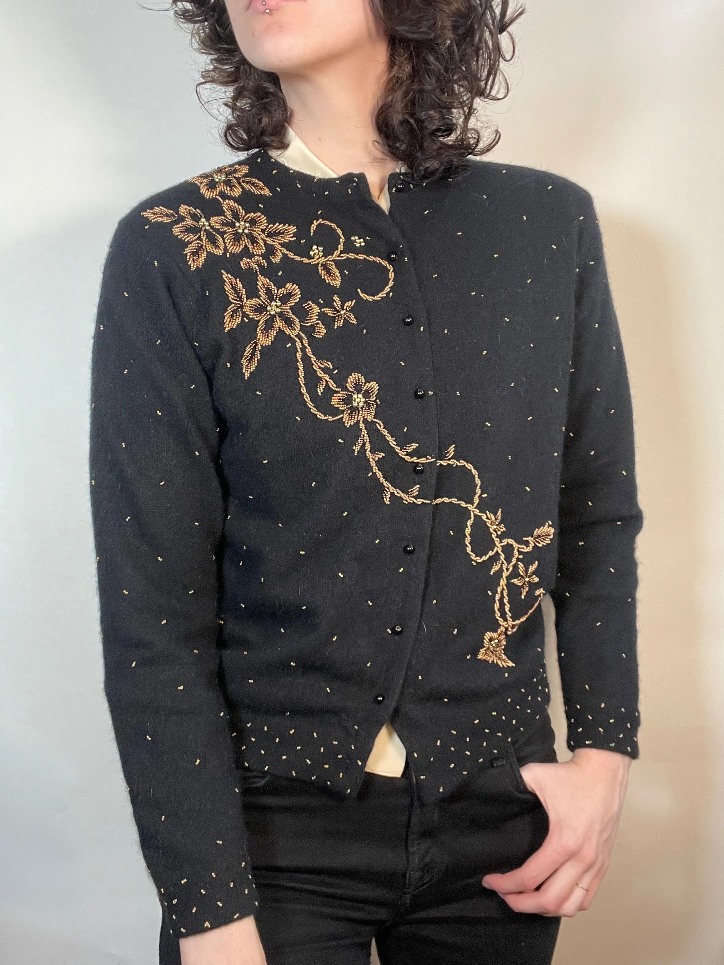 VTG 50s Beaded Cashmere Cardigan GOLD on Black