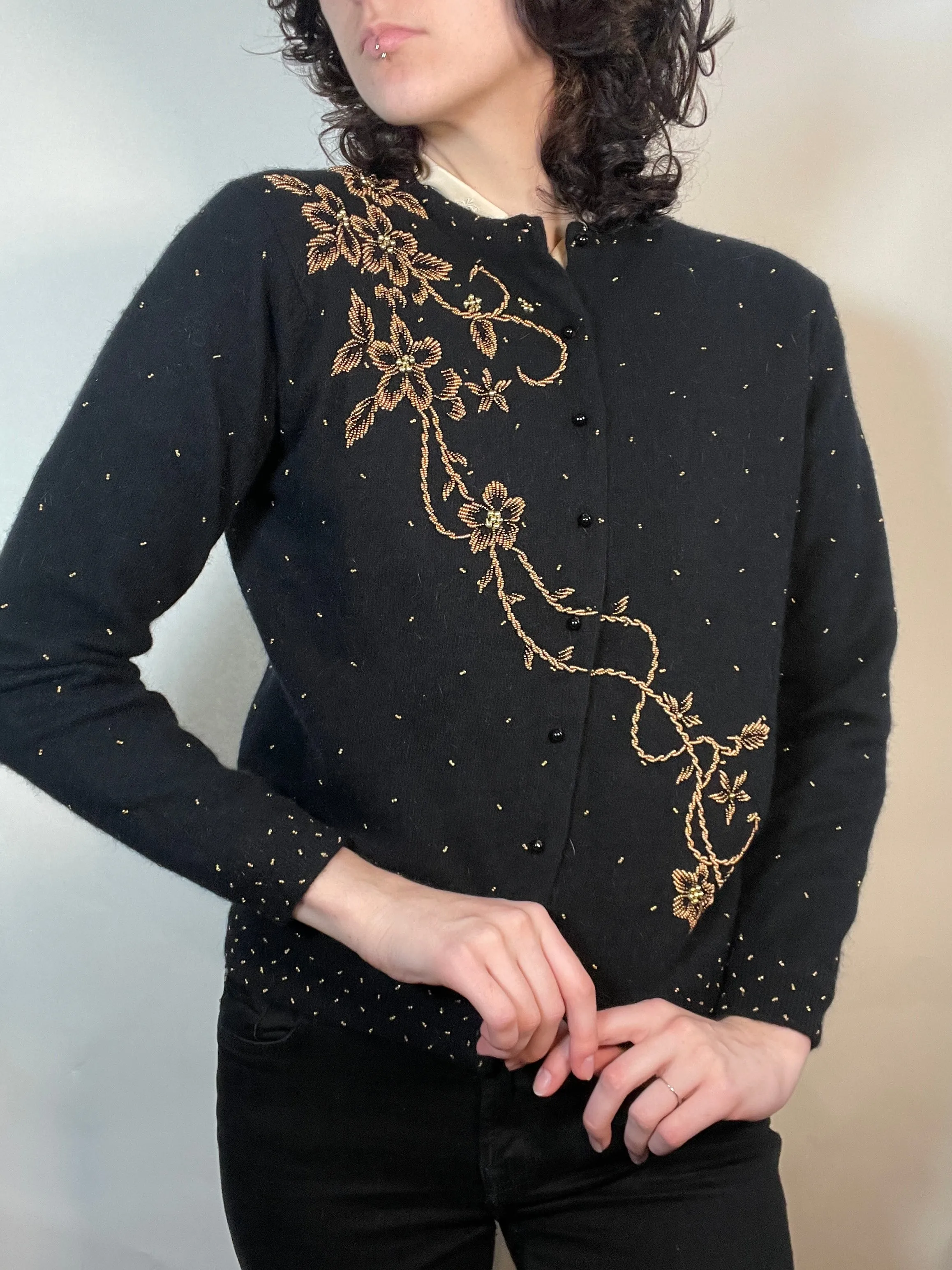 VTG 50s Beaded Cashmere Cardigan GOLD on Black