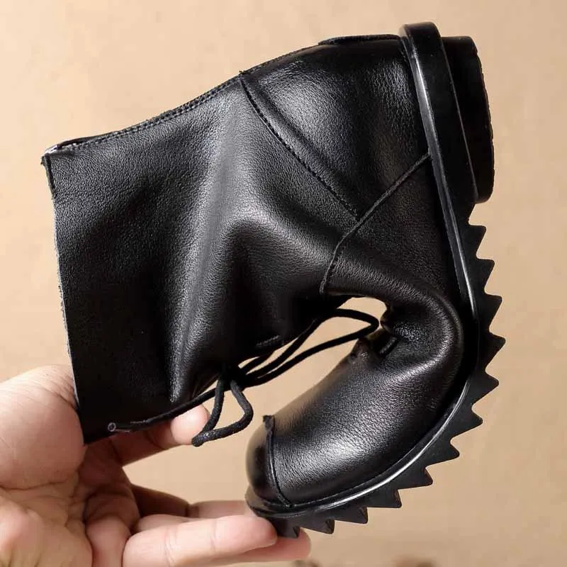Women Jagged Soled Lace- Up Leather Martin Boots