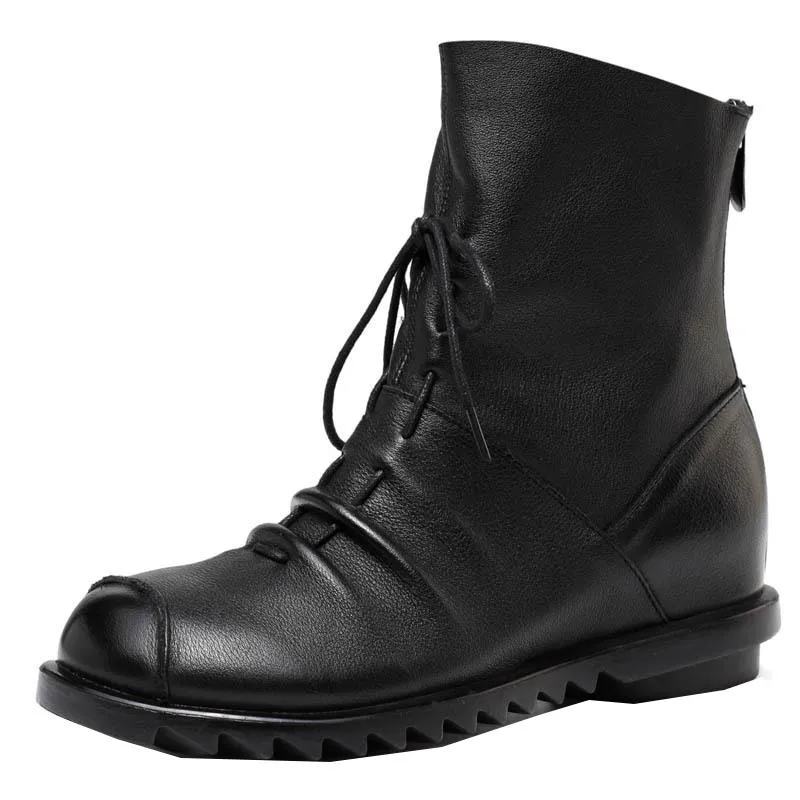 Women Jagged Soled Lace- Up Leather Martin Boots