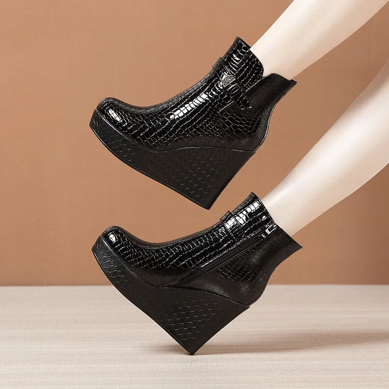 Women's Patent Leather Platform Wedge Short Martin Boots