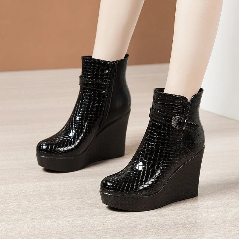 Women's Patent Leather Platform Wedge Short Martin Boots