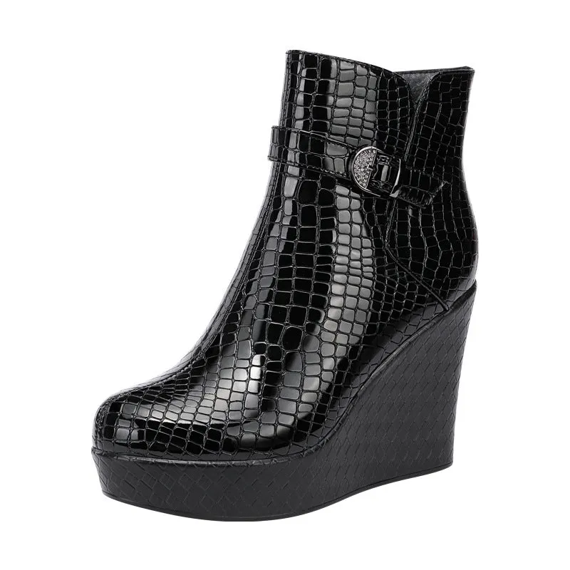 Women's Patent Leather Platform Wedge Short Martin Boots