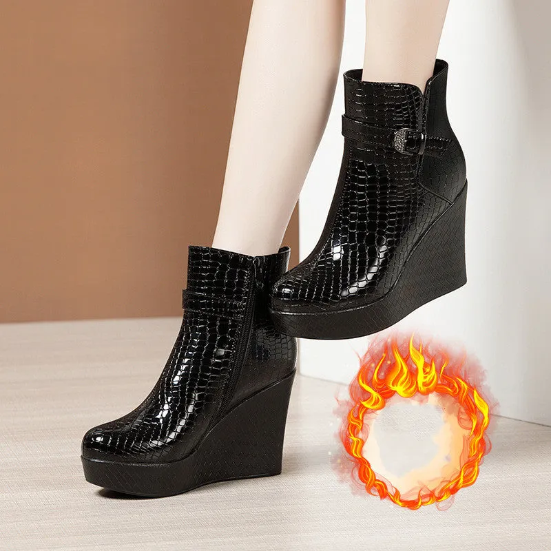 Women's Patent Leather Platform Wedge Short Martin Boots