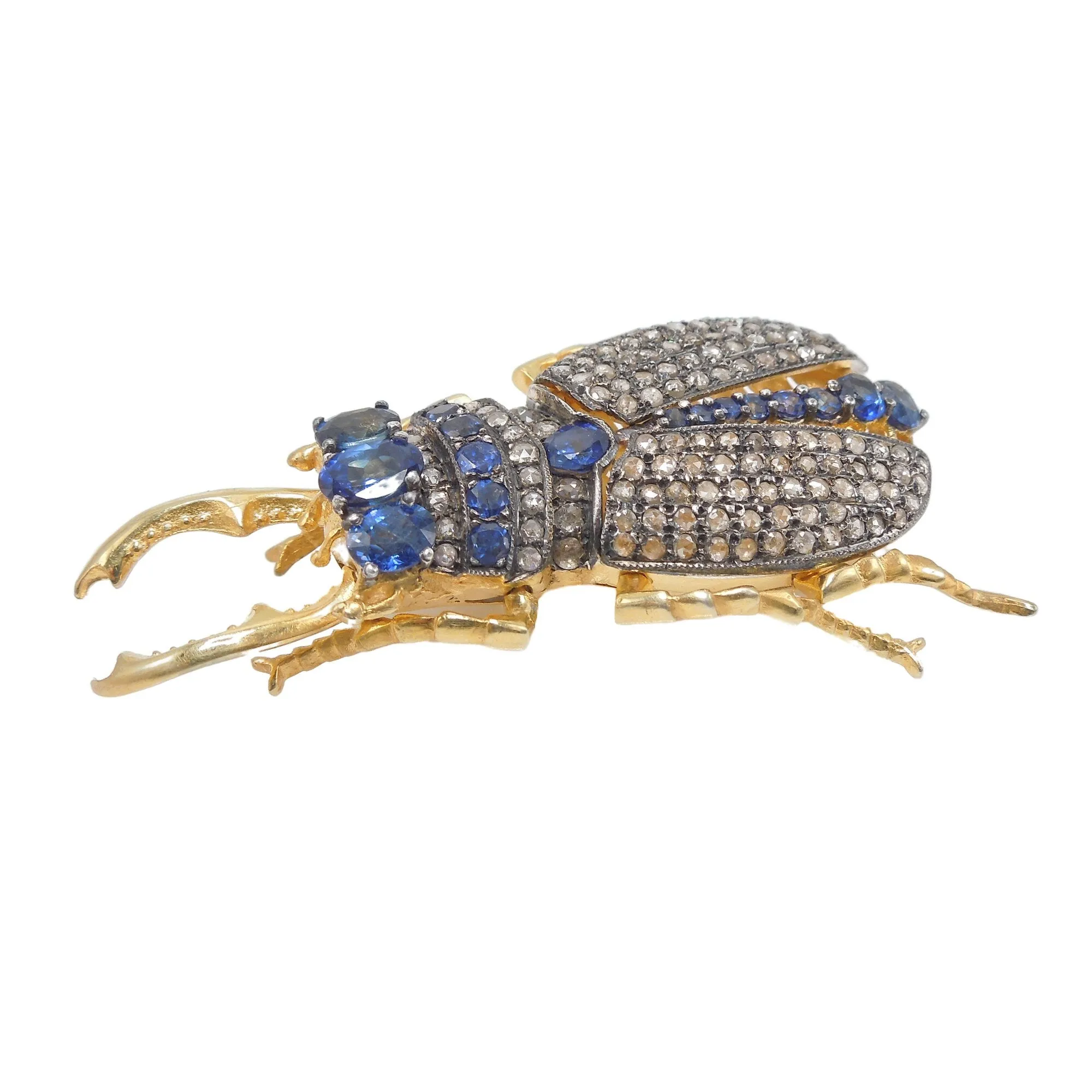 Yellow Gold and Sterling Silver Diamond and Sapphire Scarab Beetle Brooch and Pendant