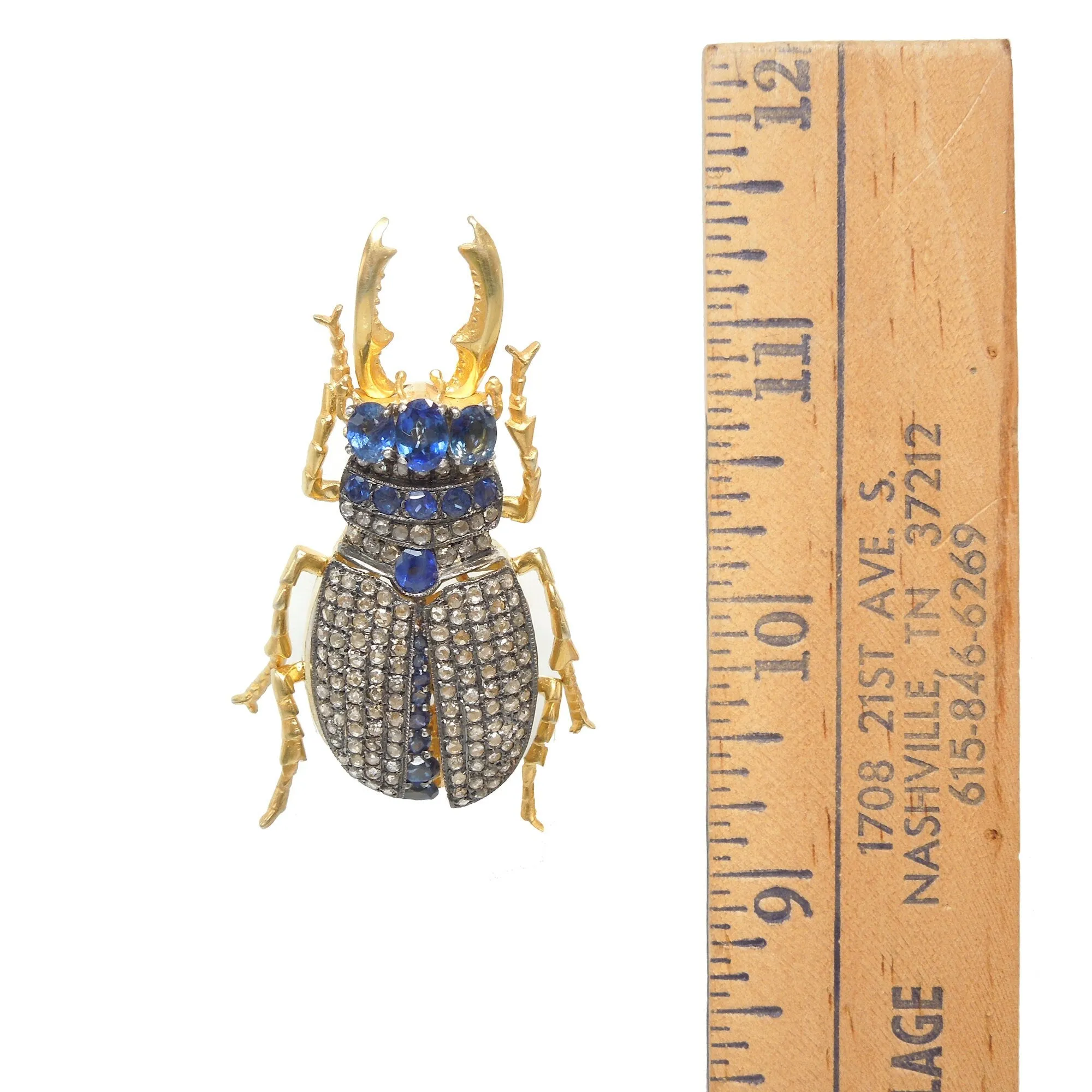 Yellow Gold and Sterling Silver Diamond and Sapphire Scarab Beetle Brooch and Pendant