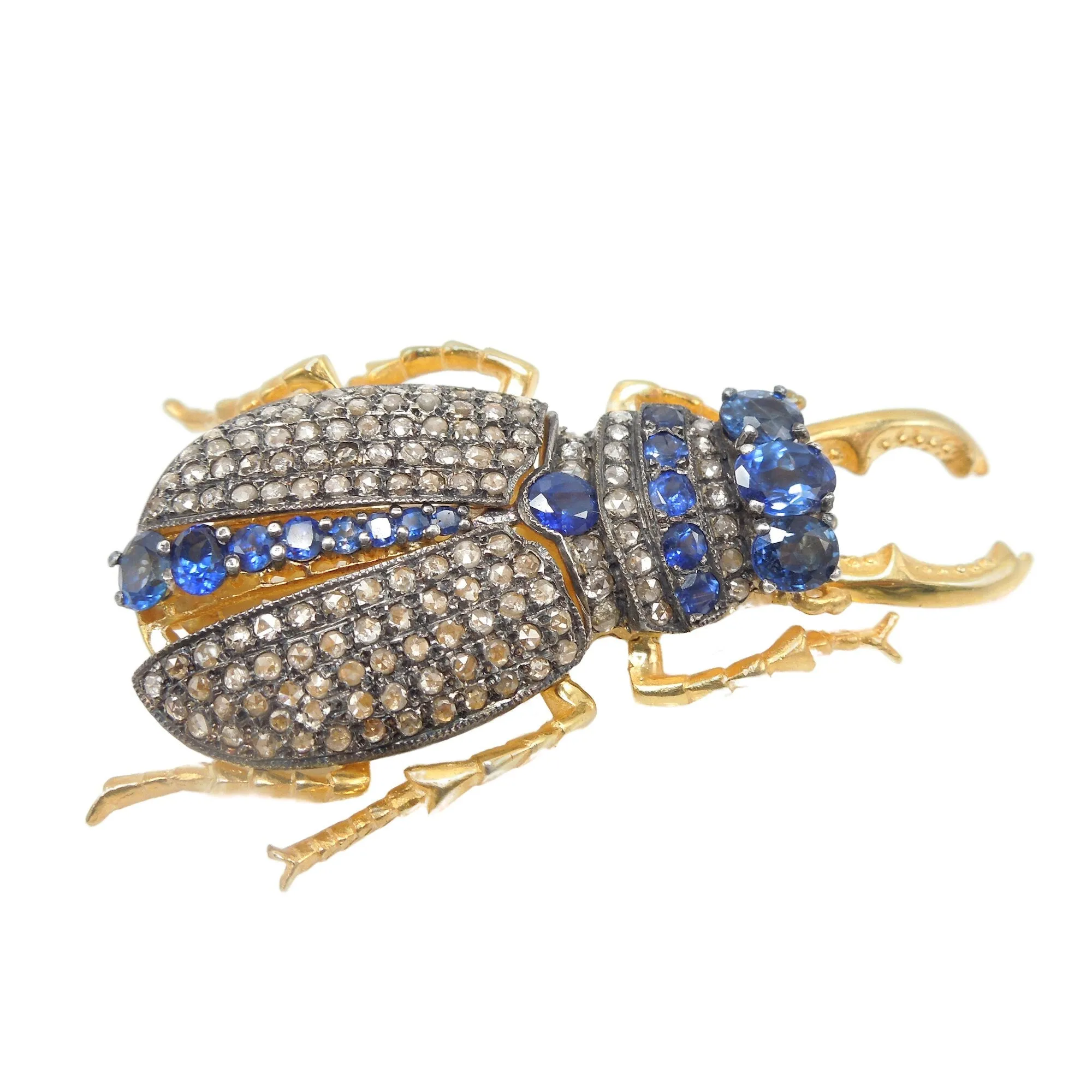 Yellow Gold and Sterling Silver Diamond and Sapphire Scarab Beetle Brooch and Pendant